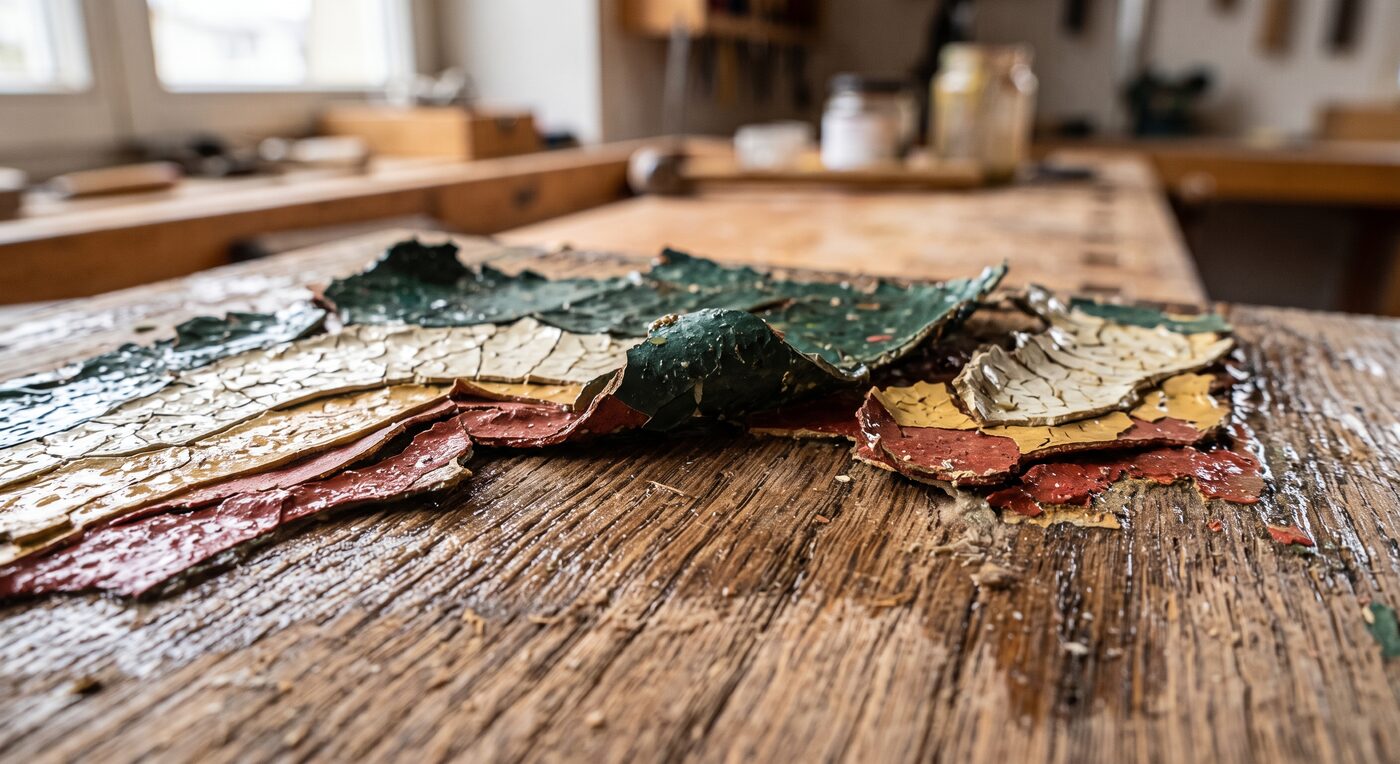 Abgelöste Farbschichten einer entlackten Holztür