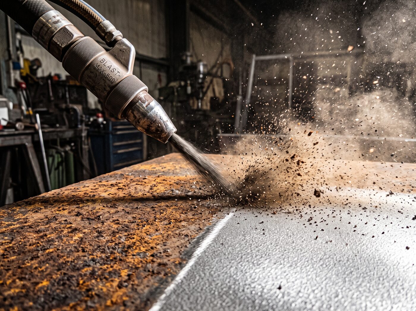 Sandstrahlen einer Metalloberfläche